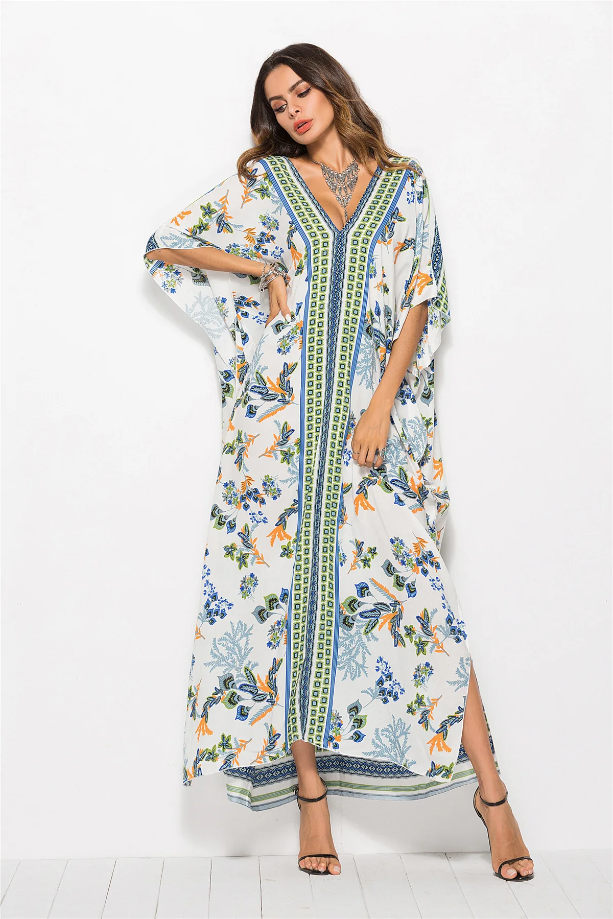 Новое богемное Женское Платье макси с принтом рукав «летучая мышь» Праздничная пляжная одежда модная мусульманская абайя элегантное женское вечернее платье марокканский халат VKDR1767