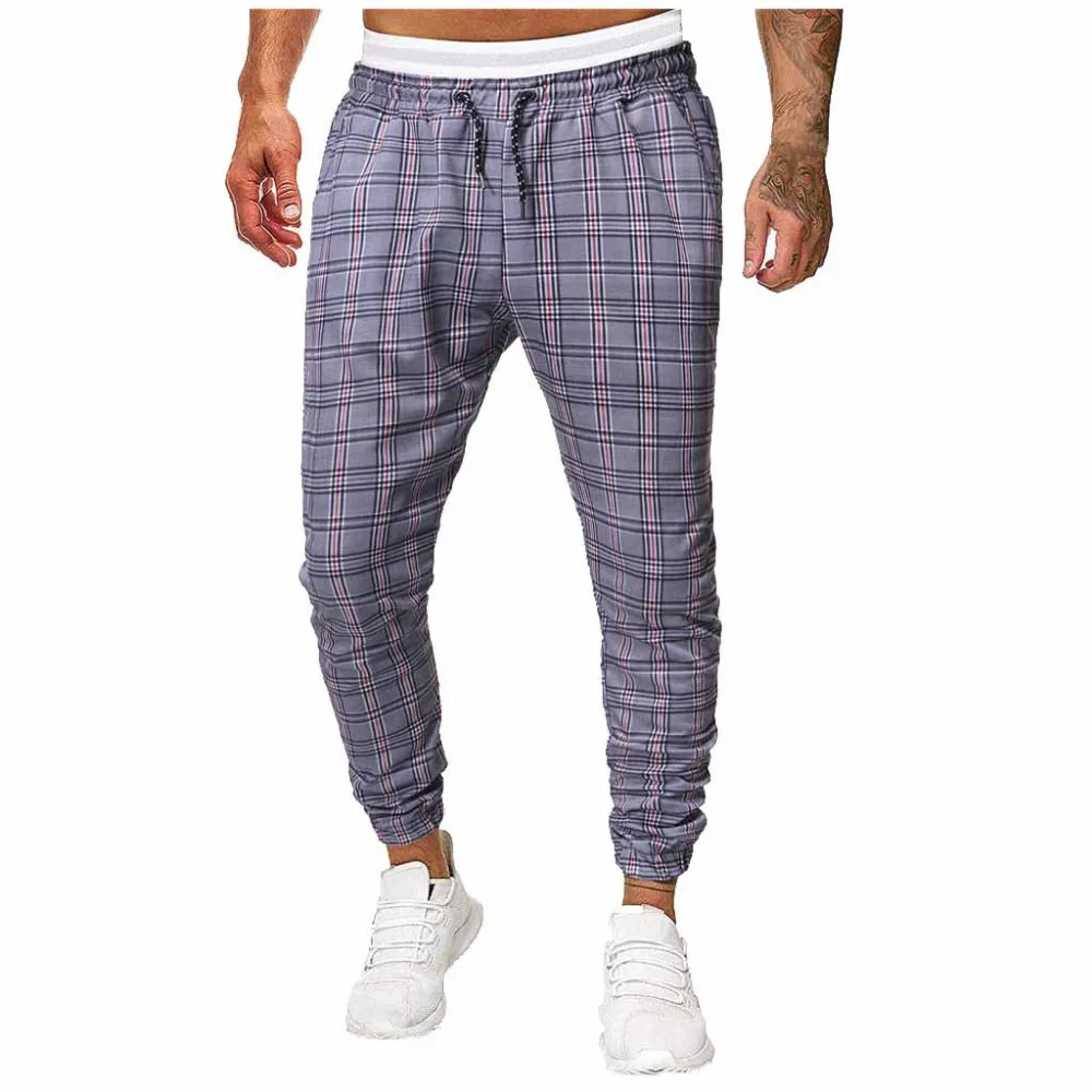 Men's Long Casual Sport Pants Slim Fit Plaid Trousers Running Joggers Sweatpants штаны streetwear pantalones hombre#2O10