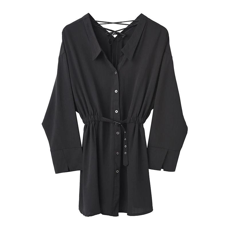 Женская длинная рубашка LANMREM черная Свободная блузка с v-образным вырезом и