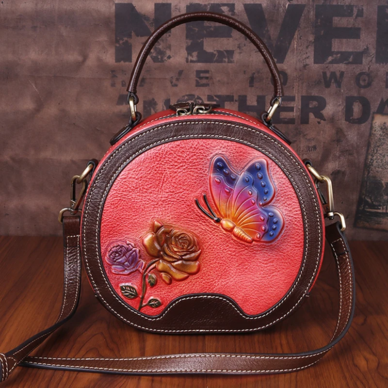 Маленькая женская сумка через плечо с Цветочным Тиснением, Женская винтажная дизайнерская сумка из натуральной кожи, круговая сумка через плечо