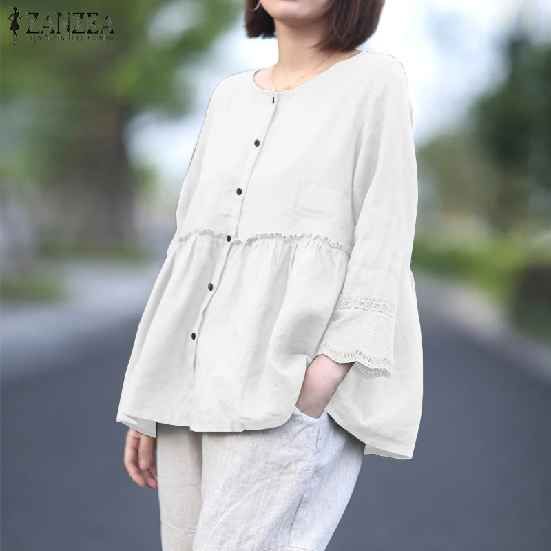 ZANZEA Solid Cotton Linen Blusas Women's Blouse Summer 3/4 Sleeve Lace Crochet Shirt Elegant Buttons Down Tops Ruffles Chemise