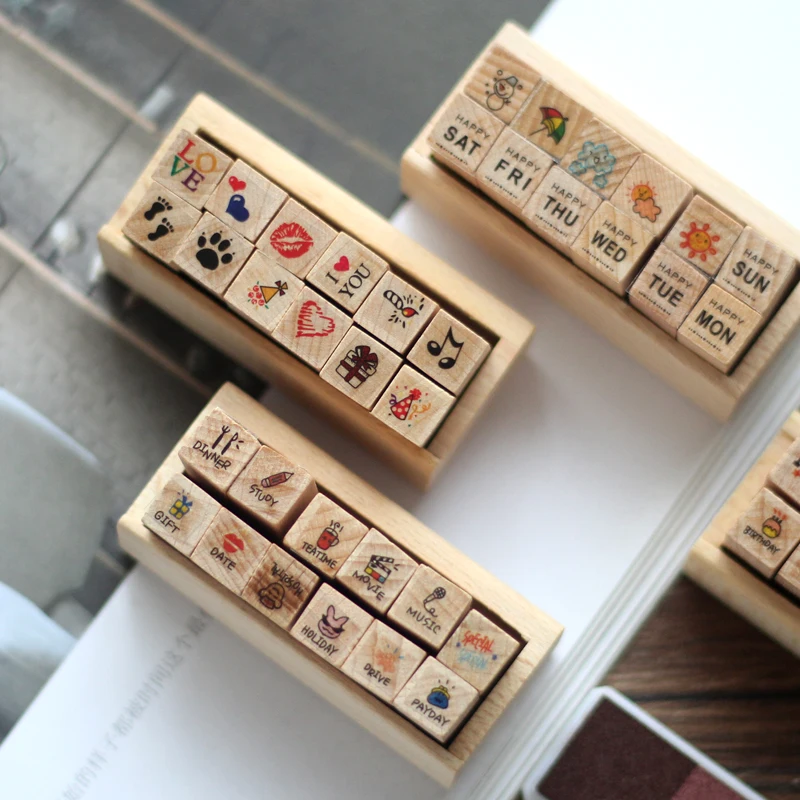 12 Pc/Set Retro Cartoon Wooden Rubber Stamps Small Cute Life Travel Week Heart Rubber Seal Scrapbooking Planner Decorative Stamp alphabet stamps wooden stamps childrens seal decorative stamps children stamps wax seal stamp