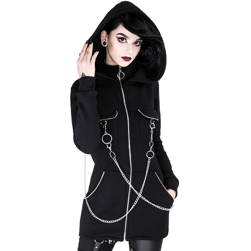 InsGoth Black Hooded Sweatshirts Women Coats Gothic Punk Zipper Material Chain Long Hoodies Pullover Streetwear Lady Long Hoodie