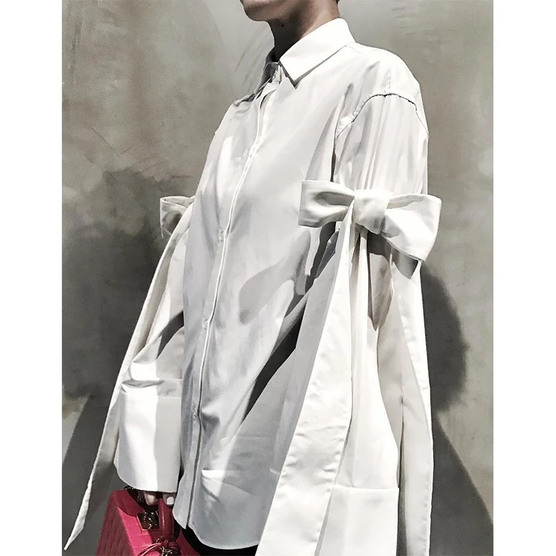 Новая женская модная белая короткая хлопковая рубашка с длинными рукавами и узлом-бабочкой