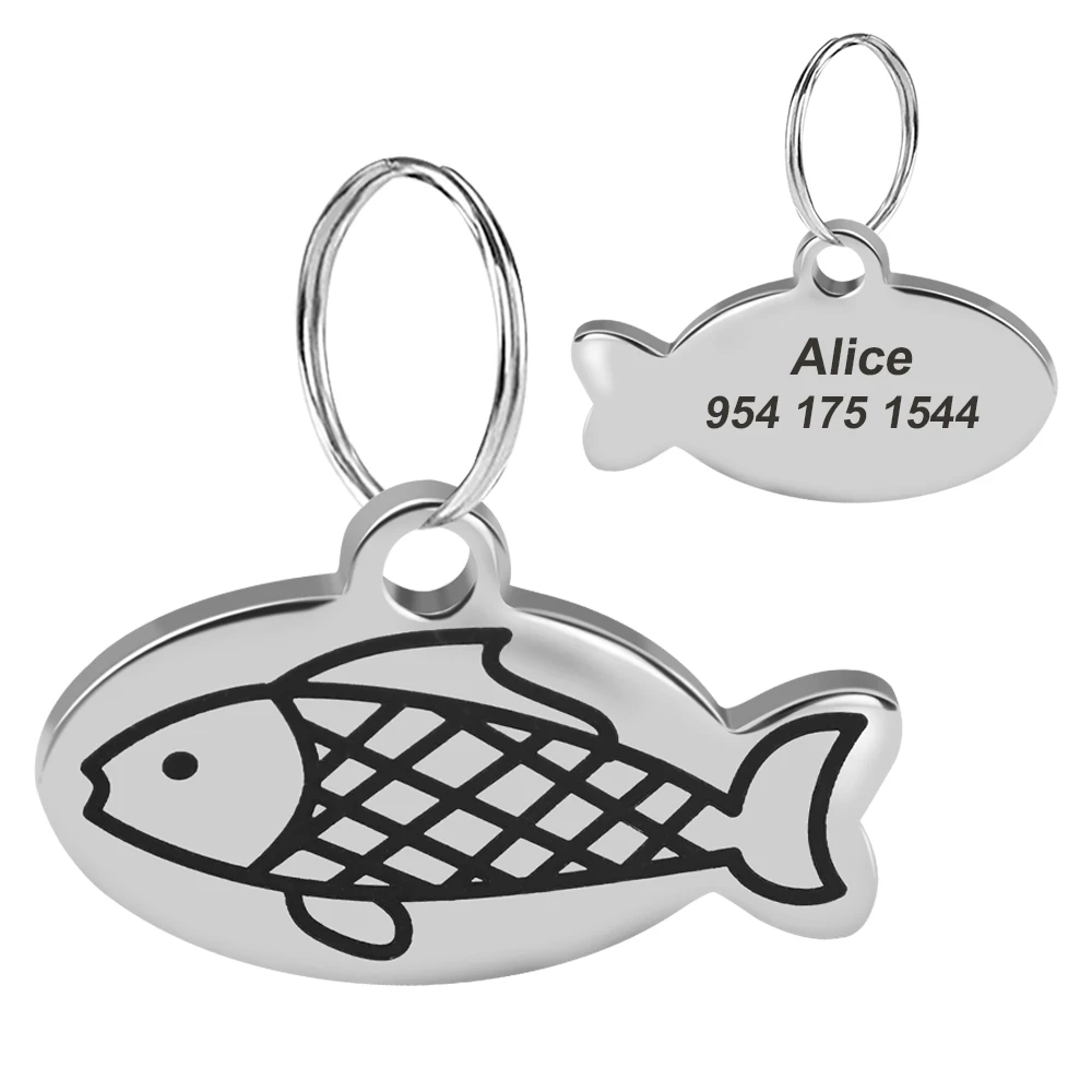 Stainless Steel Personalized Cat Tag Custom Cats Kitten ID Tag Engraved Cat Collar Pendant Necklace Pet Accessories Fish Shape 2
