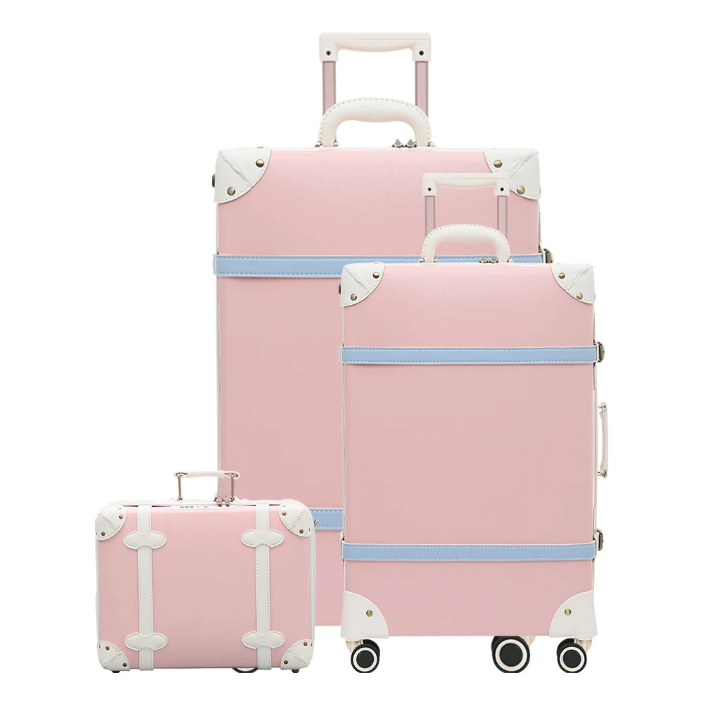 Pink 3 Pieces Винтажные багажные наборы, набор чемоданов для переноски, набор из искусственной кожи, Спиннер на колесах, багаж, TSA замок, 3 предмета - Цвет: Pink 3 Pieces