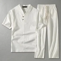 Men's Clothing Large Size Tracksuit Husband 2021 Summer Suit Linen t-shirt Fashion Male Set Chinese Style 8XL 9XL plus Two Piece 2