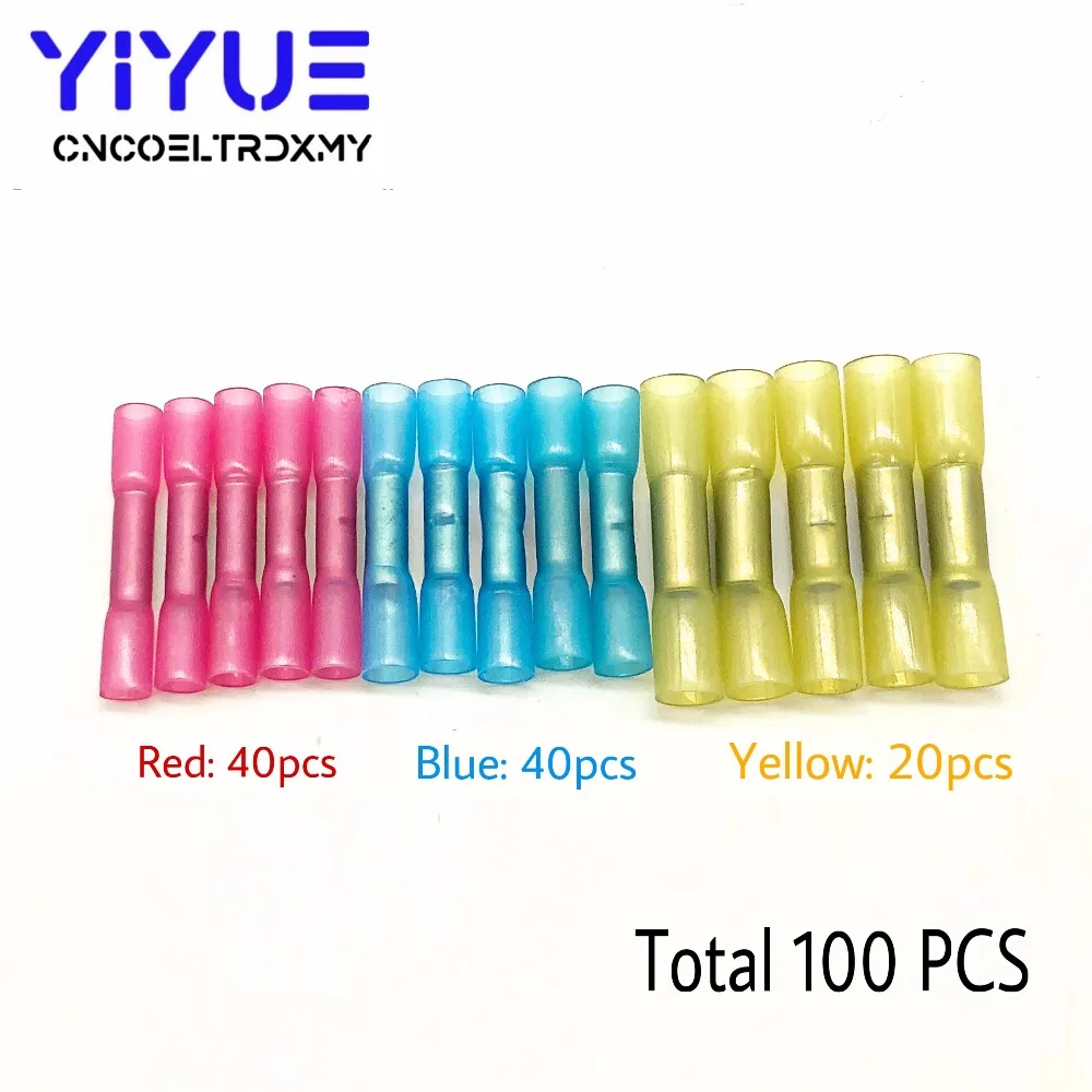 100PCS Heat Shrink Butt Terminals Insulated Electrical Wire Connectors AWG 22-10 Cable Crimping Terminals Connector Kit (2)