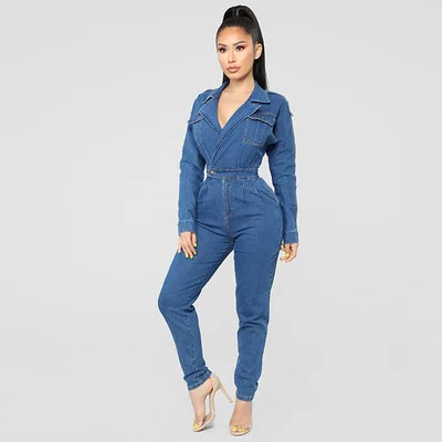 New Women Jumpsuit Long Sleeve Turn-down Collar Denim Solid Color With Pockets Rompers Jumpsuits Casual Streetwear