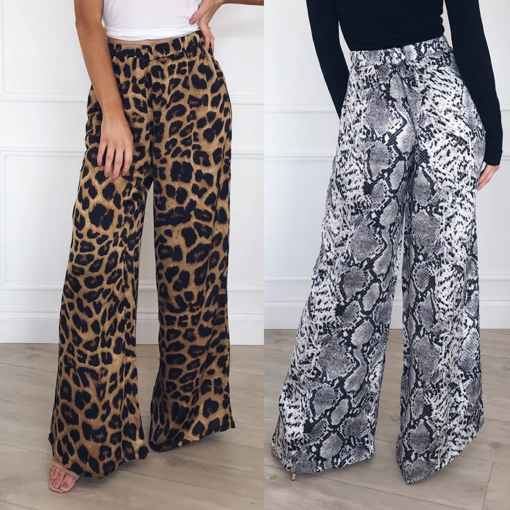 Модные женские брюки с высокой талией леопардовым принтом змеи широкие