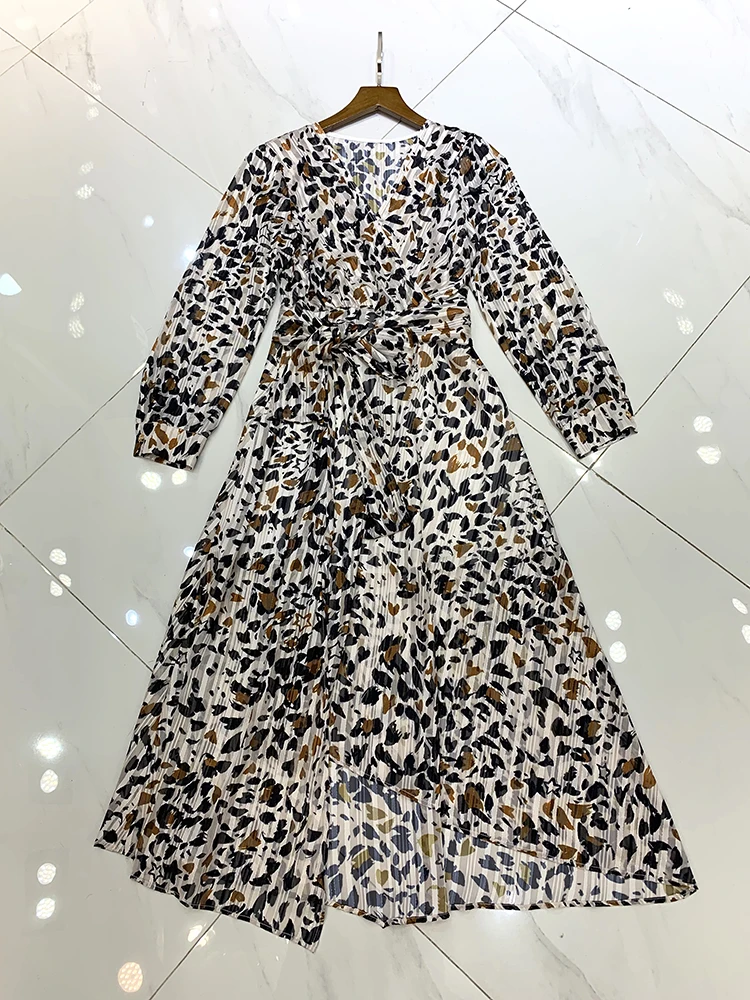 VERDEJULIAY High Street style плиссированные платья с леопардовым принтом для женщин, весна, новинка, подиумное дизайнерское модное асимметричное платье миди