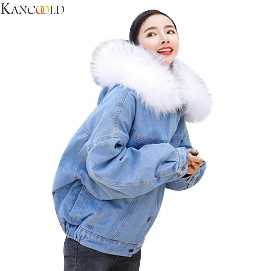 KANCOOLD, Новое поступление, женское теплое джинсовое короткое пальто, куртка с воротником, Тонкая зимняя верхняя одежда с капюшоном, пальто, длинный меховой воротник, зимняя куртка
