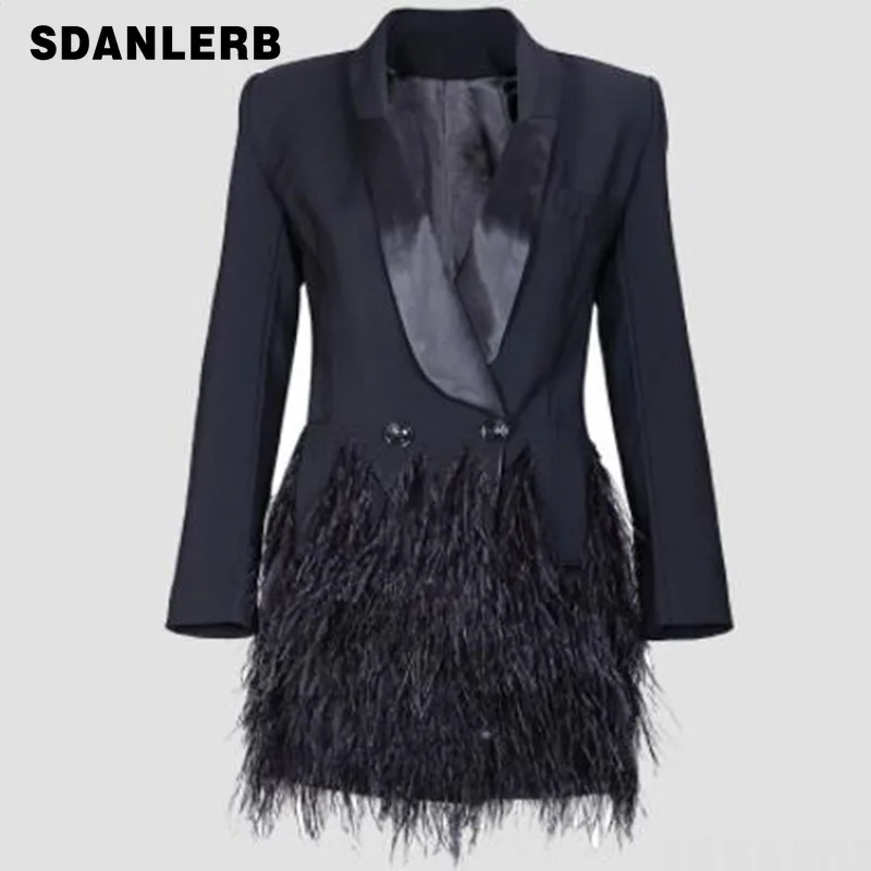 

2019 Autumn Fashion Blazer Women Jacket Black Feathers Notched Jaqueta Feminina Celebrity Runway Jackets Elegant Lady Blazer