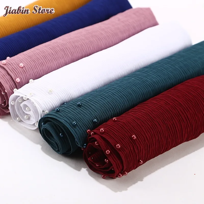 

2020 New Summer Muslim Solid Color Plain Pleated Pearl Beaded Chiffon Hijab Scarf Women Wrinkle Crinkle Jersey Scarfs for Ladies