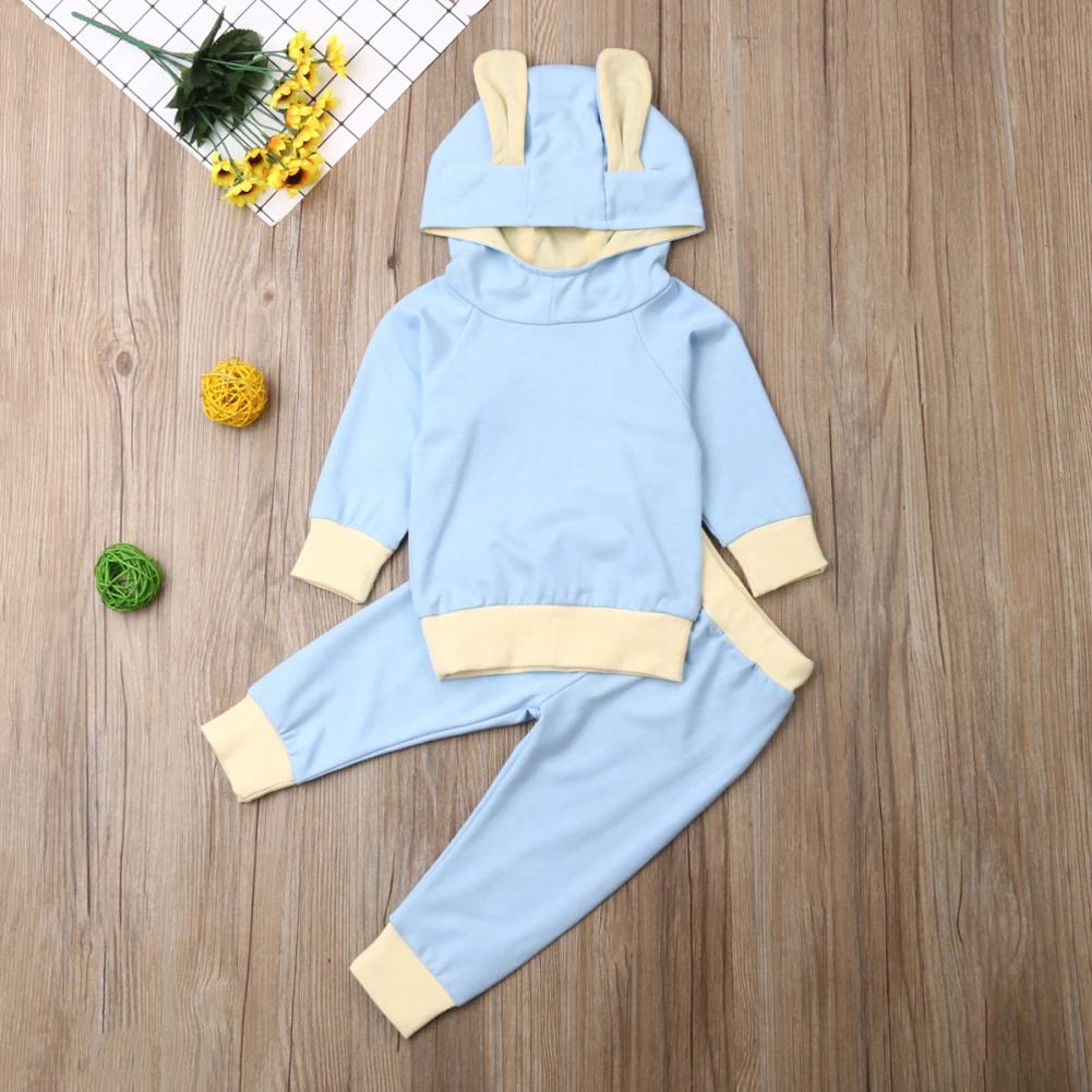 Pudcoco Toddler Kids Baby Girl Solid Color Long Sleeve Rabbit Ears Tops+ Pants Autumn Outfit Set