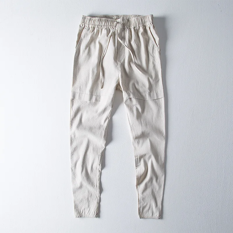 

Black Autumn Spring Men Casual Elastic Waist Long Trousers Male Cotton Linen Slim Pant Men's Pants Clothing PT-377