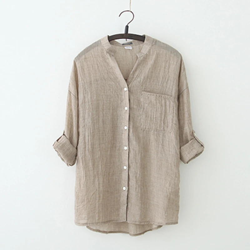Linen collar cotton and linen long-sleeved shirt thin women's clothing