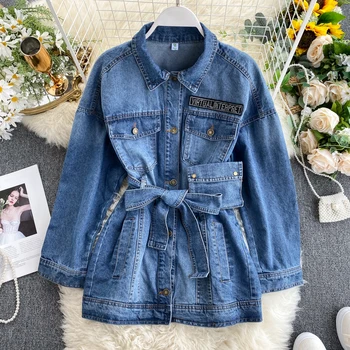 

FMFSSOM 2020 Spring Autumn Vintage Chic Lace-Up Big Pocket Long Sleeve Denim Blouse Women Ladies Female Shirts