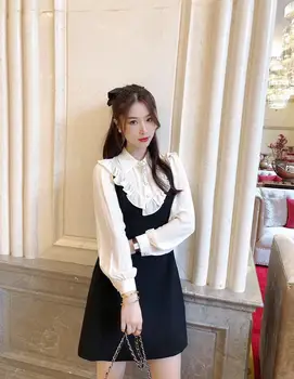 

2020 New Autumn Runway Black Mini Dress Women Pearl Diamonds Long Sleeve Turn down Collar A Line Elegant Dress