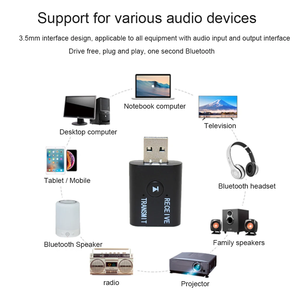 Мини беспроводной Bluetooth приемник адаптер 5,0 аудио передатчик стерео Bluetooth ключ AUX USB 3,5 мм для ноутбука ТВ ПК автомобильный комплект