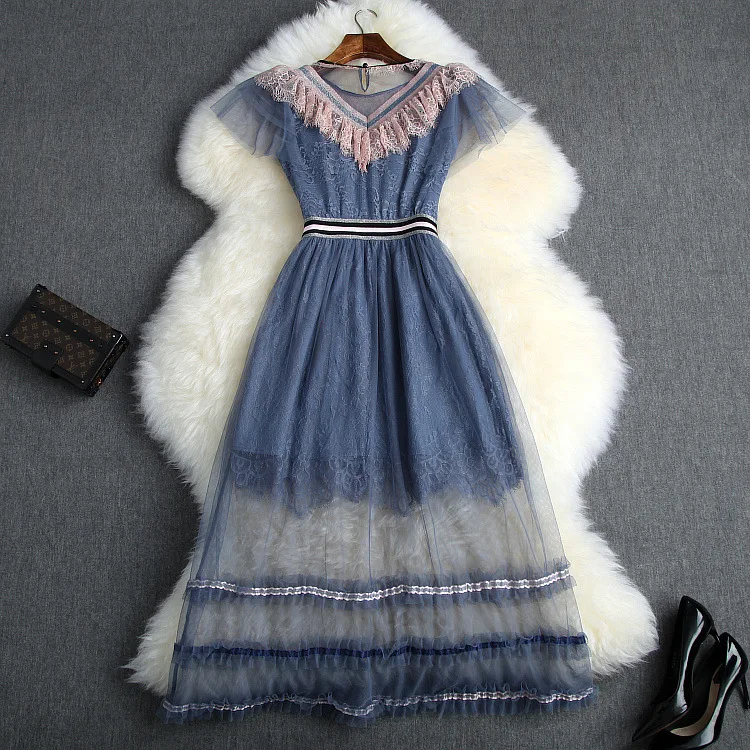 Women Lace Hot Colour Ruffle Zippers Dress Patchwork Mesh Elegance High Waist Office Lady O-Neck Knee-Lengyth Dress