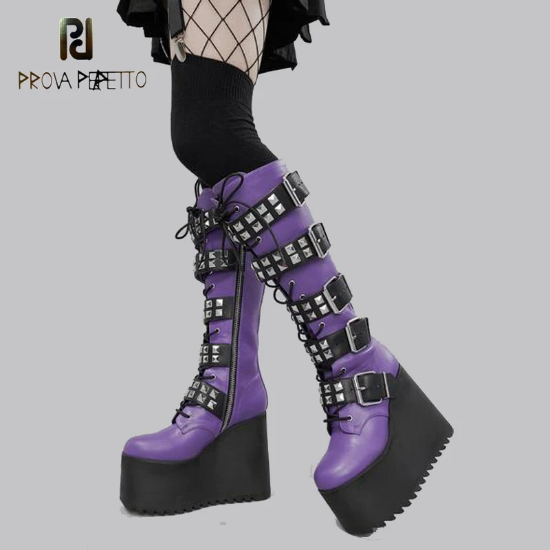 

Round-toe Waterproof Platform Colorblock Belt Buckle Decorative Side Zipper Lace-up Wedge Heel Super High-heeled Knee Boots