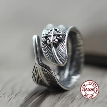 

S925 Sterling Silver Ring in Indian style retro point gold to create Personality classic feather series Send a gift to love