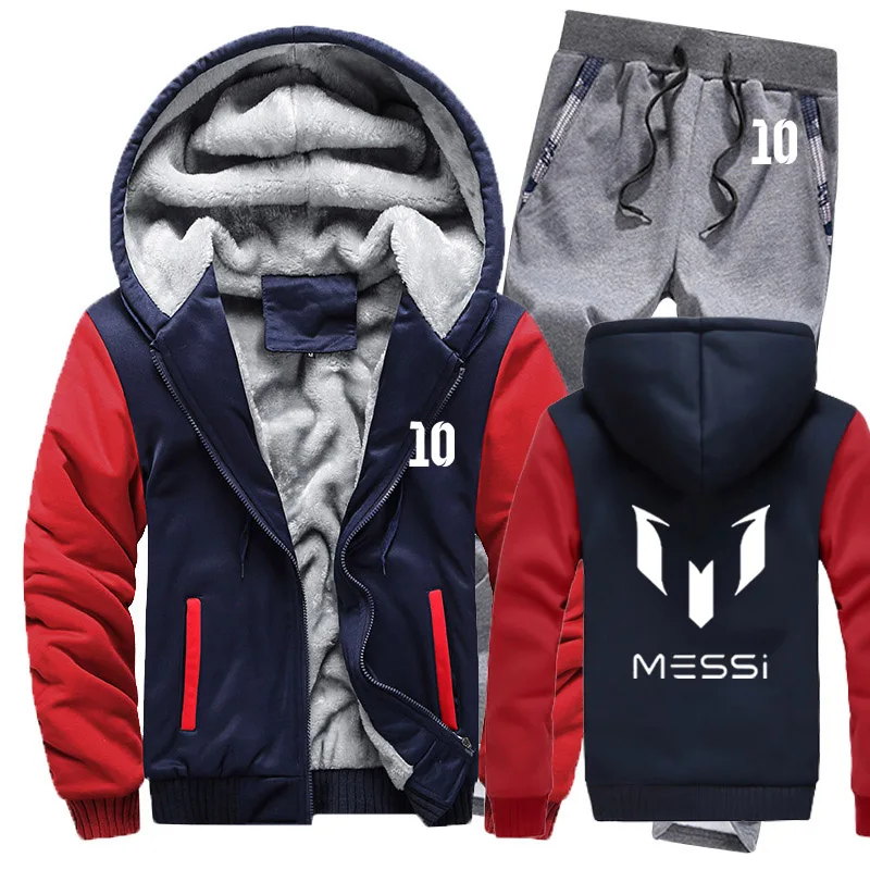 Зимняя мужская толстовка с капюшоном Messi 10 принт мужские s толстовки костюм толстый теплый флис хлопок спортивный костюм на молнии мужская куртка+ брюки комплекты из 2 предметов - Цвет: 803