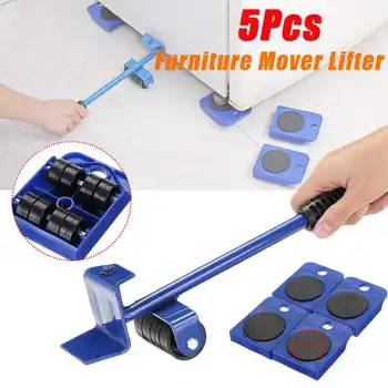 

5Pcs Furniture Lifter Mover Heavy Hand Tool Set Furniture Transport Moving Tool Mover Roller + Wheel Bar
