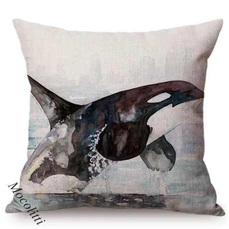 Blue Whale Style Ocean Animal Cushion Cover Water Color Painted Girls and Whale Dolphin Fairy Tales Decoration Sofa Pillow Cover 0097-5
