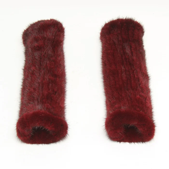New Fashion Lady Knit Warm Real Mink Fur Gloves High elasticity Women Genuine Mink Fur Gloves Natural Soft Fur Gloves 30cm - Color: wine