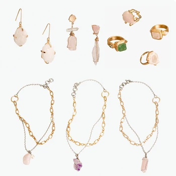 

2020 Fashion ZA Quartz Stone Pendant Necklace Female Korean Elegant Pink Geometric Quartz Neckalce Earring Ring Jewelry