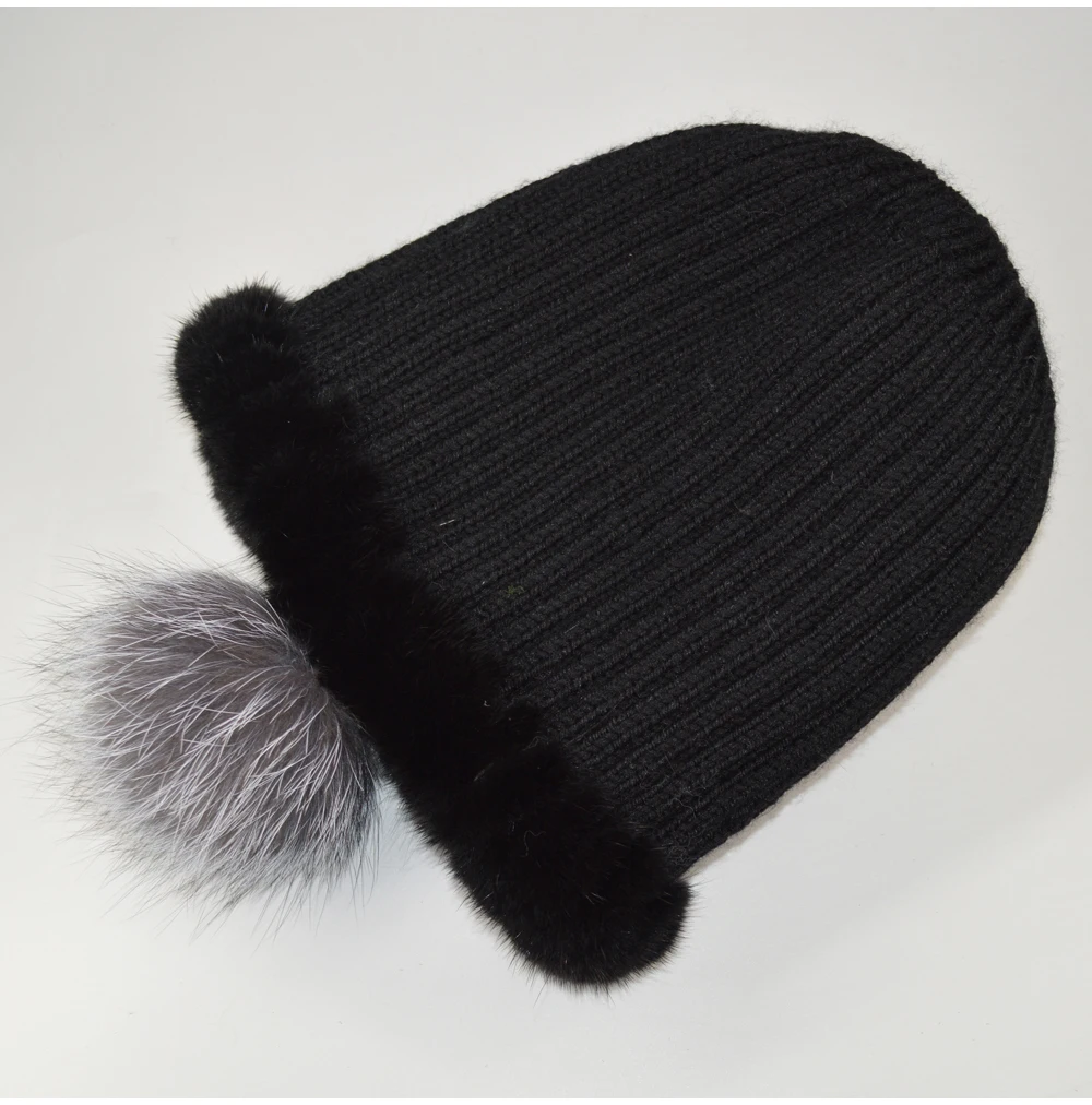 Hot Fashion Winter Warm Women Knitted Real Mink Fur Caps Natural Real Mink Fur Hats Genuine Real Sliver Fox Fur Beanies Hat