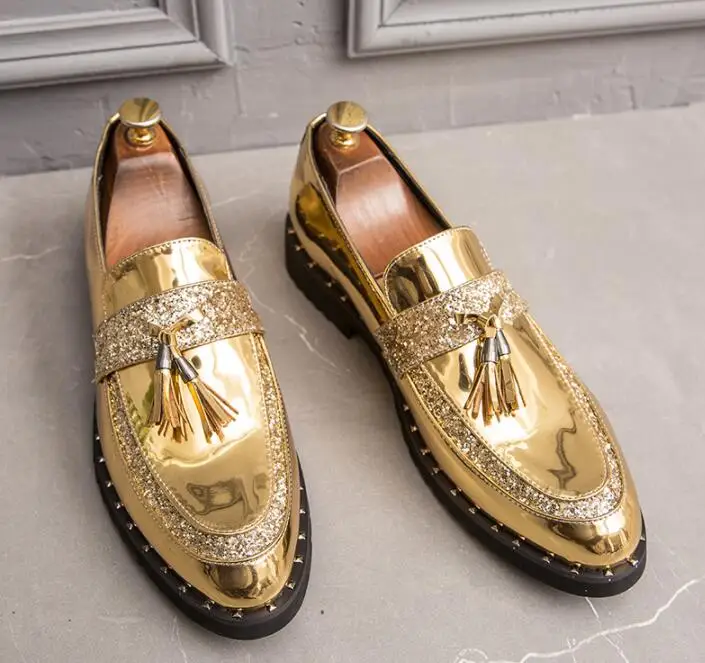 Designer New glitter Gold pointed rivet tassels oxfords shoes Wedding Flats Dress Homecoming Prom Formal shoes zapatos hombre - Цвет: 2