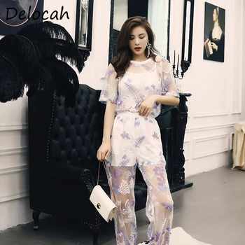

Delocah Summer Fashion Runway Women Set Short Sleeve Embroidery Cool Tees + Long Pants Mesh Female 2 Two Pieces Suits Pants Sets