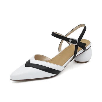 

Mixed colors Sandals Women Genuine Leather Casual Pumps Buckle Fashion Sandals Round Heel Elegant Shoes Woman