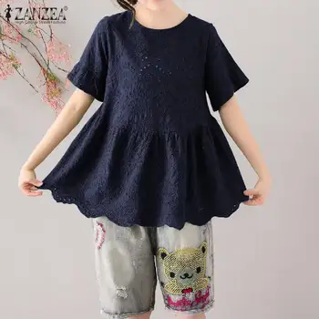 

Elegant Lace Tops Women's Embroidery Blouse 2020 ZANZEA Fashion Hollow Summer Blusas Female High Waist Peplum Tunic Plus Size