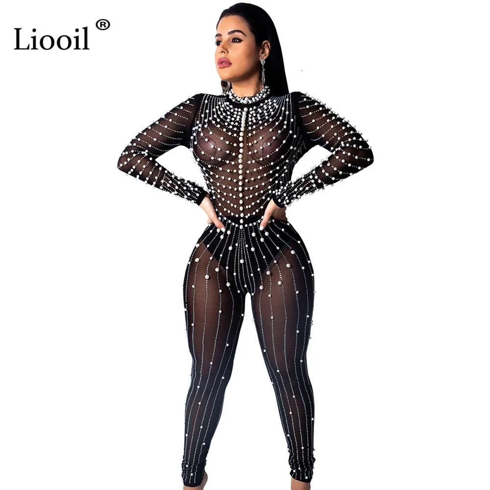 Черный Liooil, черный, белый, прозрачный, сетчатый, бисероплетенный, Облегающий комбинезон, для женщин, Клубная одежда, с длинным рукавом, с круглым вырезом, алмазный, облегающий, вечерние, клубный, сексуальный комбинезон - Цвет: Черный