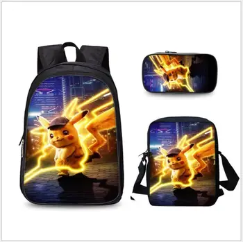 

3pcs/set Pokemon Detective Pikachu Bags Anime Cartoon School Bags For Boys Girls Gifts Two Layer Backpack For Children Mochilas