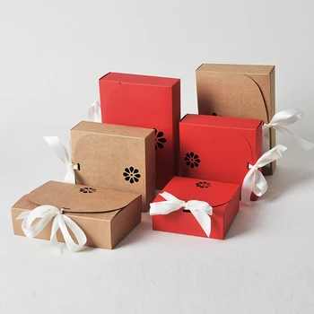 

Kraft gift packaging box,ribbon gifts box,red/brown,wedding favors decoration DIY cookie cake homemade box
