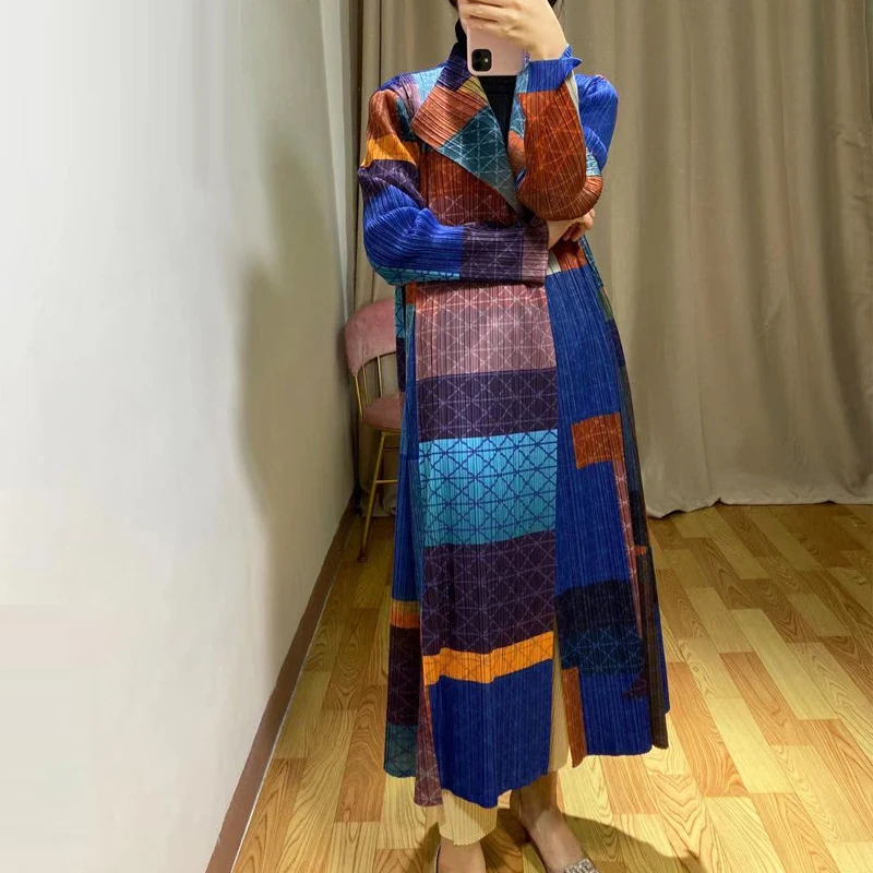 Changpleat Осень женский Тренч с принтом miyak плиссированный модный дизайн стоячий воротник длинный рукав кардиган длинные пальто