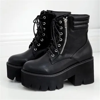 

Wholesale Autumn Ankle Boots For Women Motorcycle Boots Chunky Heels Casual Lacing Round Toe Platform Boots Shoes Female