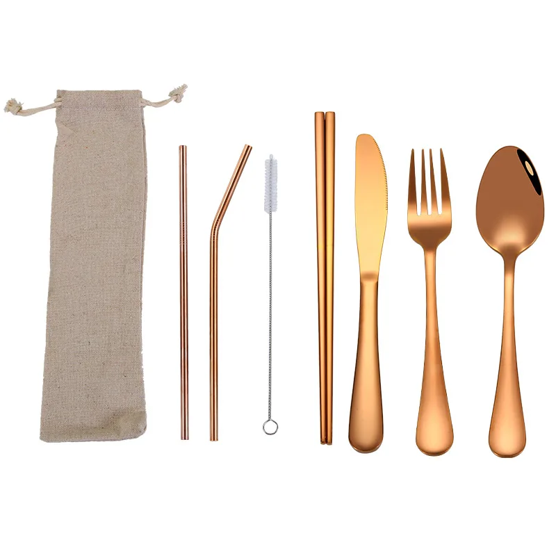 Dinnerware Set Travel Camping Cutlery Set Reusable Silverware With Metal Straw Spoon Fork Chopsticks And Portable Case - Цвет: Rose gold B