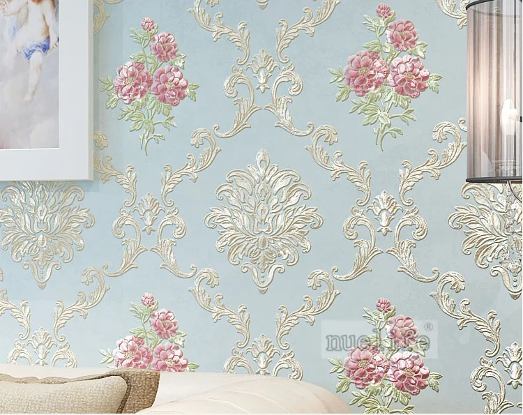 Blue pattern pattern non-woven wallpaper simple modern pastoral European bedroom living room wedding room background wallpaper