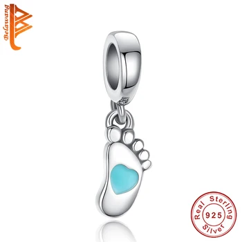 

BELAWANG Lovely 100% 925 Sterling Silver Bead Blue Enamel Baby Footprint Charms Fit Bracelet & Necklace DIY Jewelry Accessories