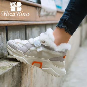 

RIZABINA Size 35-42 Real Leather Women Sneakers Fashion Winter Warm Fur Ankle Boot Platform Cross Strap Shoes Woman Footwear