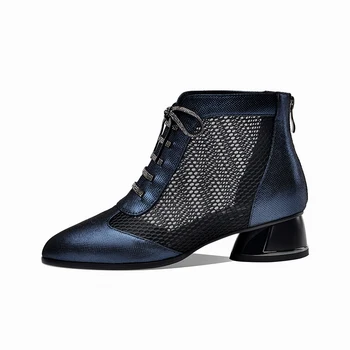 

Women Summer Boots Genuine leather Lace Up Back Zipper 2020 Newest Shoes woman Thick Heels Pumps Party Basic ladies shoes