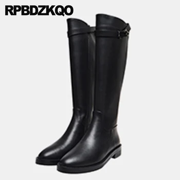 

riding black equestrian brand women winter boots genuine leather tall round toe metal long knee high designer shoes chunky new
