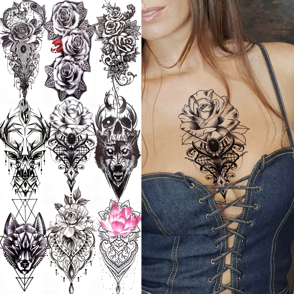 3D Flower Temporory Tattoo Fake Jewelry Chains Peony Rose Lace Tattoo  Sticker For Women Black Wolf Deer Skull Body Art Arm Tatoo|Temporary Tattoos|  - AliExpress