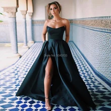 Сексуальные платья с открытыми плечами и высоким разрезом для выпускного вечера, vestido de festa, элегантные атласные платья без бретелек для выпускного вечера, вечерние платья с карманом